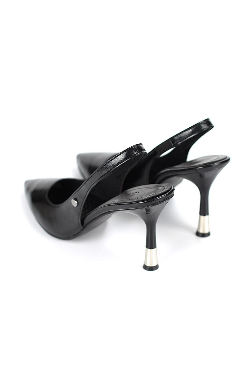 Biana  Esnek Yumuşak Kaymaz Taban (8 cm) Siyah Cilt Açık Lastikli Kadın Topuklu Ayakkabı