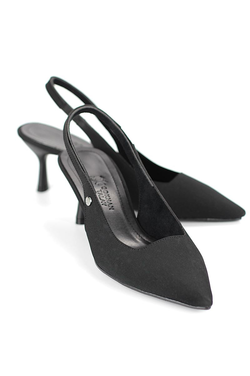 Magnolia Esnek Yumuşak Kaymaz Taban (4 cm) Siyah Süet Açık Lastikli Kadın Topuklu Ayakkabı