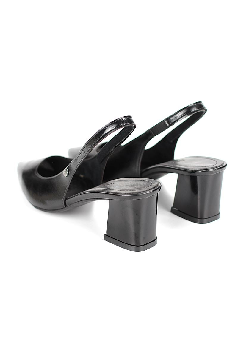 İlya Esnek Yumuşak Kaymaz Taban (4 cm) Siyah Rugan  Açık Lastikli Kadın Kalın Topuklu Ayakkabı