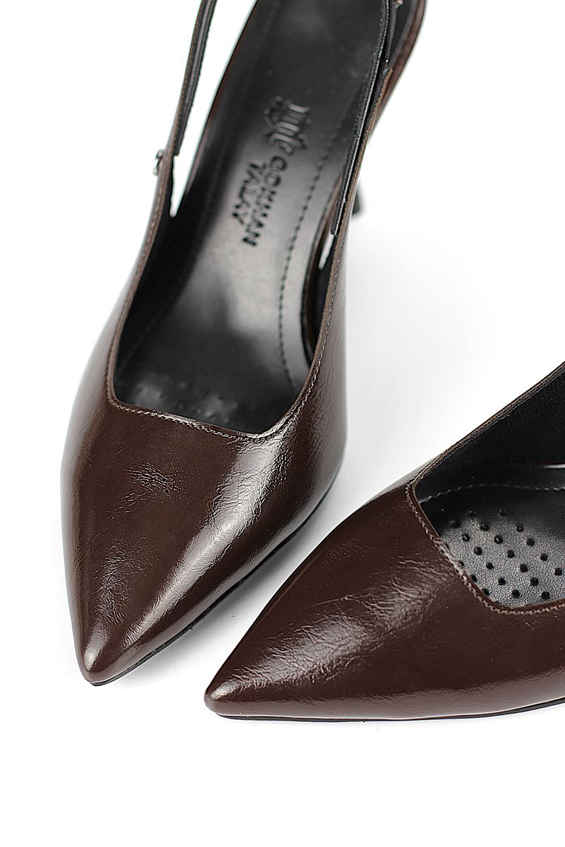 Margaret  Esnek Yumuşak Kaymaz Taban (10 cm) Kahverengi Rugan  Açık Lastikli Kadın Kalın Topuklu Ayakkabı