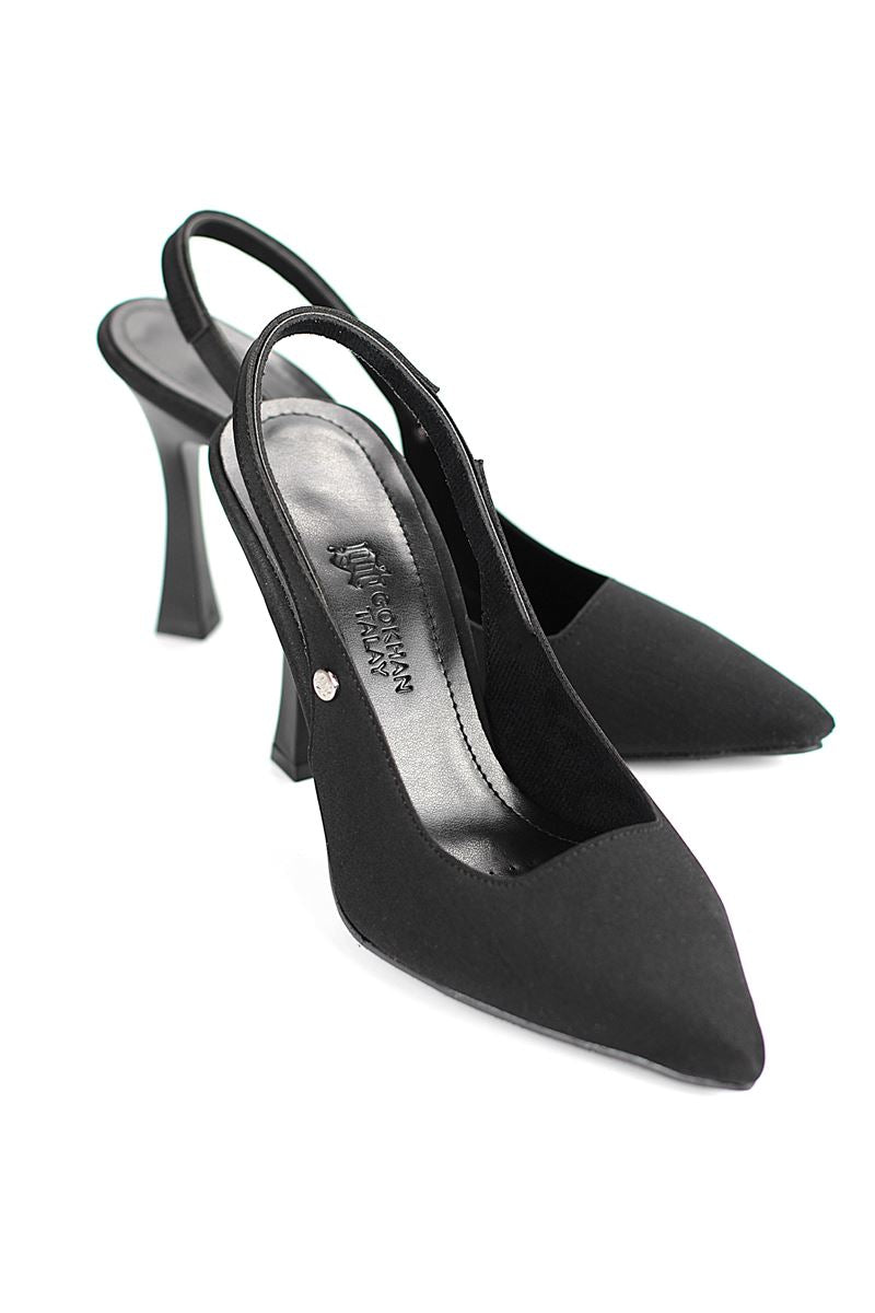 Margaret  Esnek Yumuşak Kaymaz Taban (10 cm) Siyah Süet Açık Lastikli Kadın Kalın Topuklu Ayakkabı