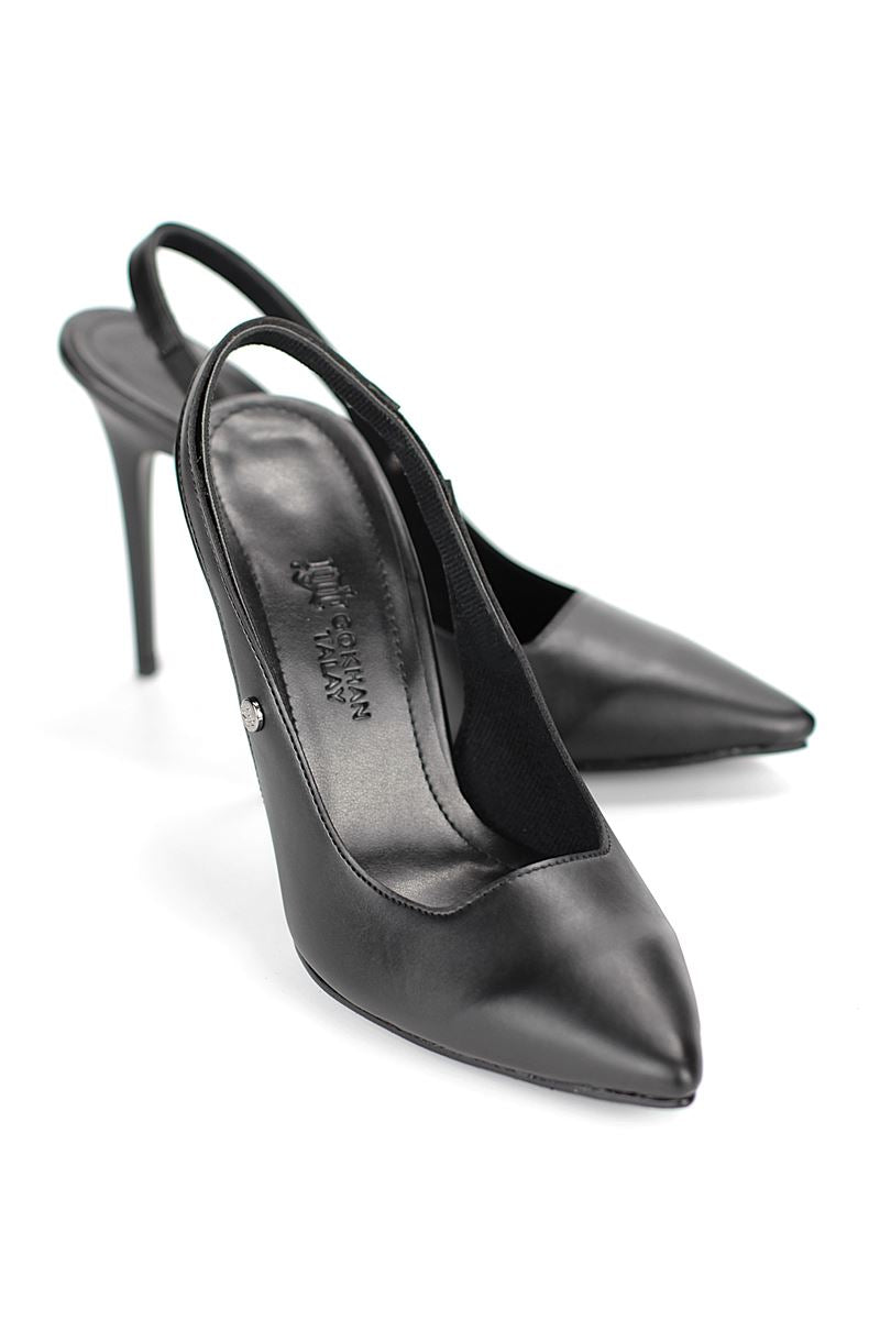 Zerina Siyah Cilt Esnek Yumuşak Kaymaz Taban İnce Topuklu (11cm) Kadın Stiletto
