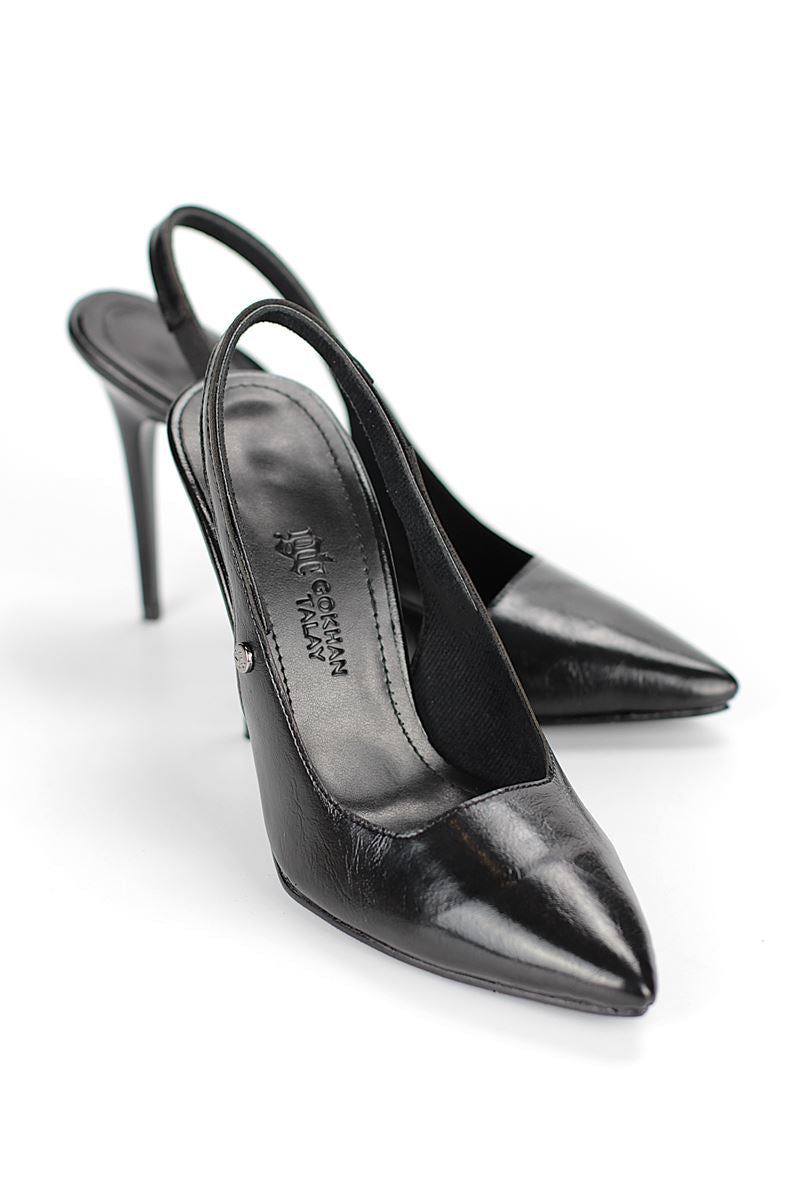 Zerina Siyah Rugan Rugan Esnek Yumuşak Kaymaz Taban İnce Topuklu (11cm) Kadın Stiletto