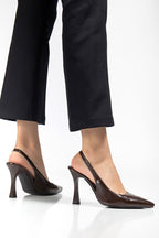 Margaret  Esnek Yumuşak Kaymaz Taban (10 cm) Kahverengi Rugan  Açık Lastikli Kadın Kalın Topuklu Ayakkabı