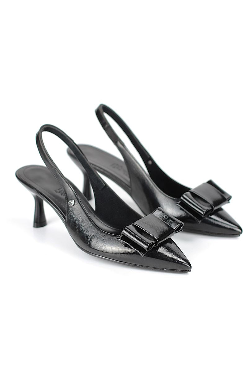 Rivva Esnek Yumuşak Kaymaz Taban (4 cm) Siyah Rugan  Açık Lastikli Köşe Fiyonk Kadın Topuklu Ayakkabı