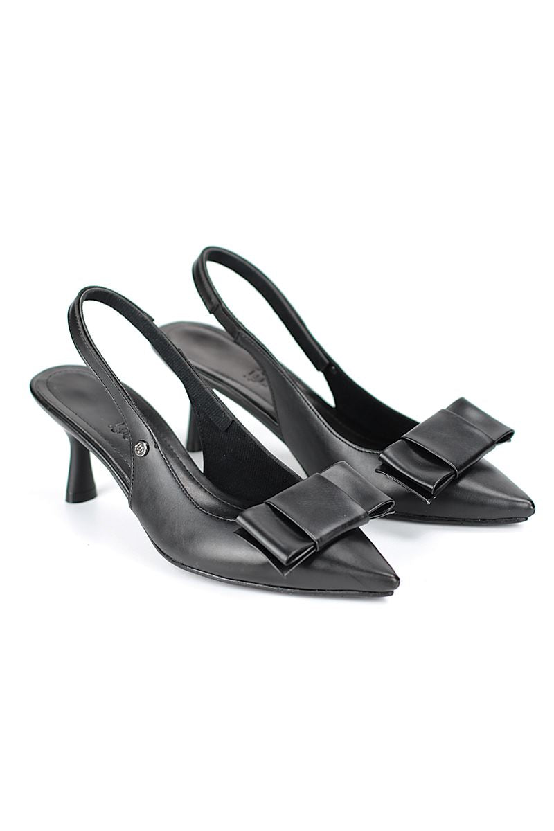 Rivva Esnek Yumuşak Kaymaz Taban (4 cm) Siyah Cilt Açık Lastikli Köşe Fiyonk Kadın Topuklu Ayakkabı