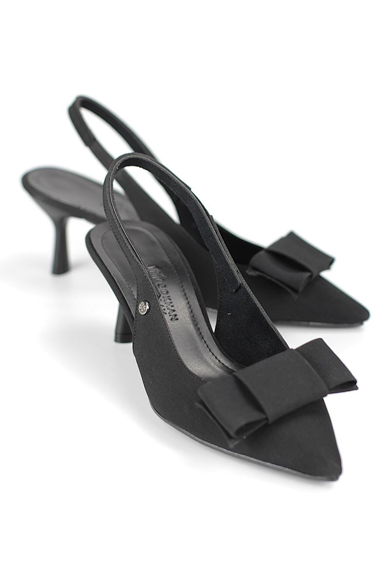 Rivva Esnek Yumuşak Kaymaz Taban (4 cm) Siyah Süet  Açık Lastikli Köşe Fiyonk Kadın Topuklu Ayakkabı