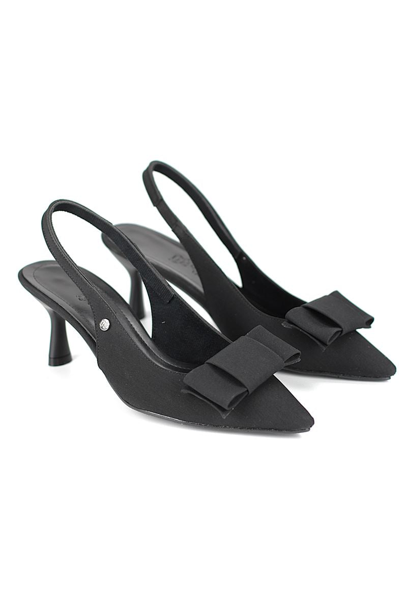 Rivva Esnek Yumuşak Kaymaz Taban (4 cm) Siyah Süet  Açık Lastikli Köşe Fiyonk Kadın Topuklu Ayakkabı