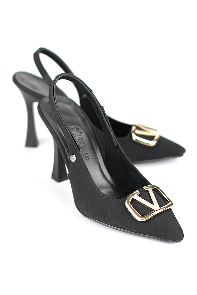 Melina Esnek Yumuşak Kaymaz Taban (10 cm) Siyah Süet  Açık Lastikli V Toka Kadın Topuklu Ayakkabı