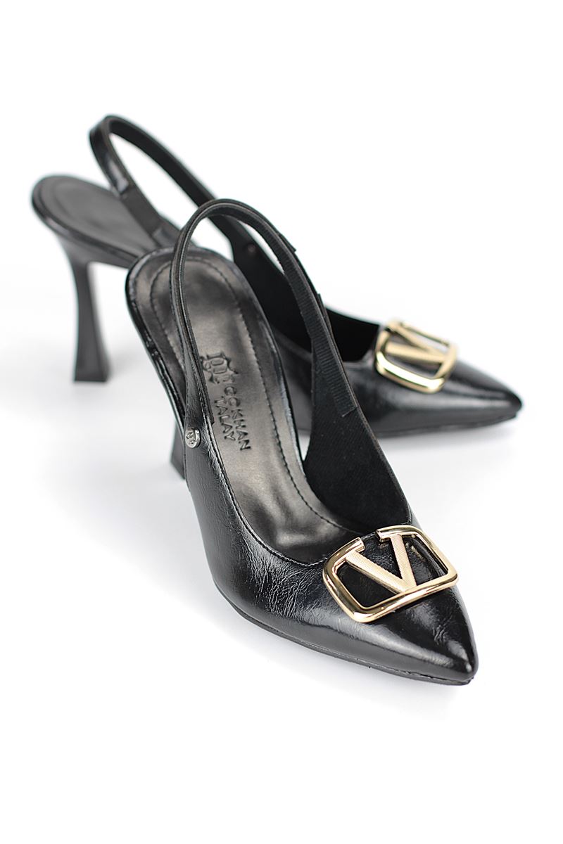 Melina Esnek Yumuşak Kaymaz Taban (10 cm) Siyah Rugan  Açık Lastikli V Toka Kadın Topuklu Ayakkabı