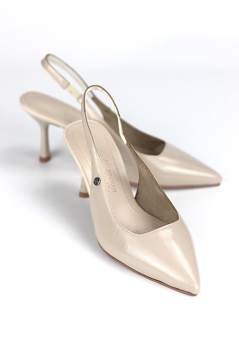 Magnolia Esnek Yumuşak Kaymaz Taban (4 cm) Bej Rugan  Açık Lastikli Kadın Topuklu Ayakkabı