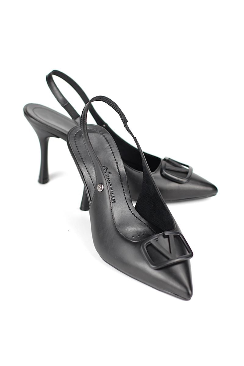 Rosalinda Esnek Yumuşak Kaymaz Taban (8 cm) Siyah Cilt  Açık Lastikli V toka Kadın Topuklu Ayakkabı