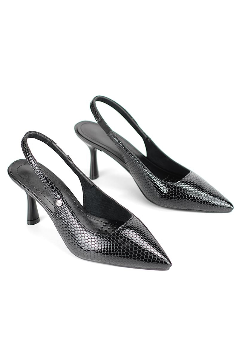 Vivienne Esnek Yumuşak Kaymaz Taban (7 cm) Rugan Yılan Baskı Açık Lastikli Kadın Topuklu Ayakkabı