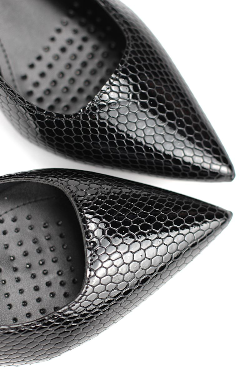 Vivienne Esnek Yumuşak Kaymaz Taban (7 cm) Rugan Yılan Baskı Açık Lastikli Kadın Topuklu Ayakkabı