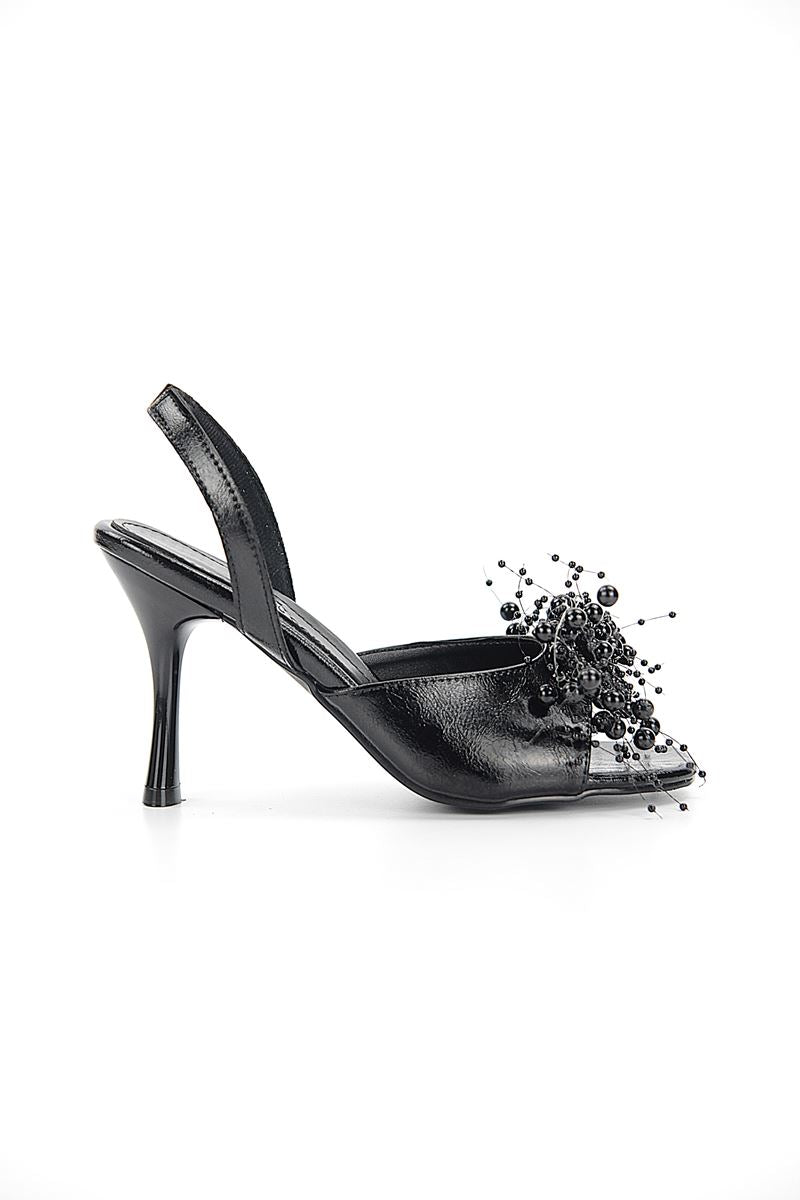 Luvira Esnek Yumuşak Kaymaz Taban (8 cm) Siyah Rugan El Yapımı Boncuk Detaylı Kadın Topuklu Ayakkabı