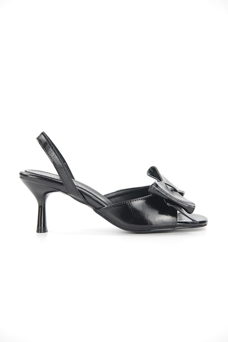 Liora Esnek Yumuşak Kaymaz Taban (4 cm) Siyah Rugan Fiyonk Detaylı Kadın Topuklu Ayakkabı