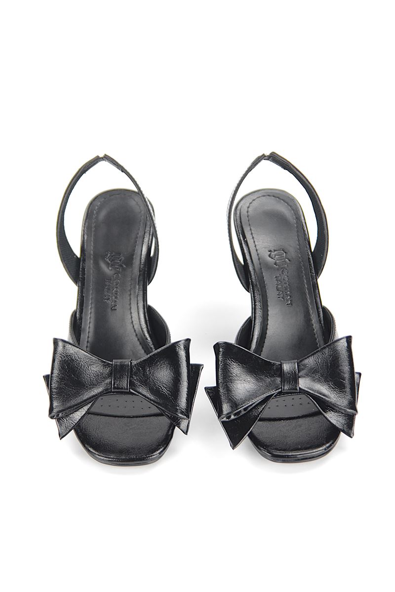 Sirel Esnek Yumuşak Kaymaz Taban (8 cm) Siyah Rugan Fiyonk Detaylı Kadın Topuklu Ayakkabı