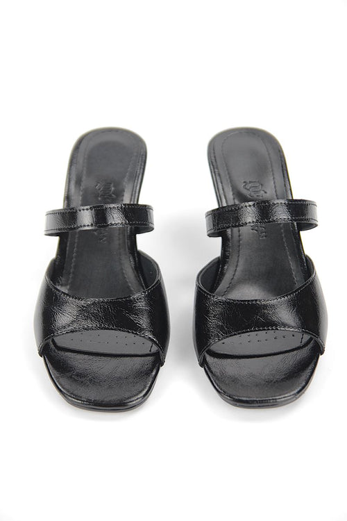 Avelin Esnek Yumuşak Kaymaz Taban (4 cm) Siyah Rugan Tek Bant Topuklu Terlik