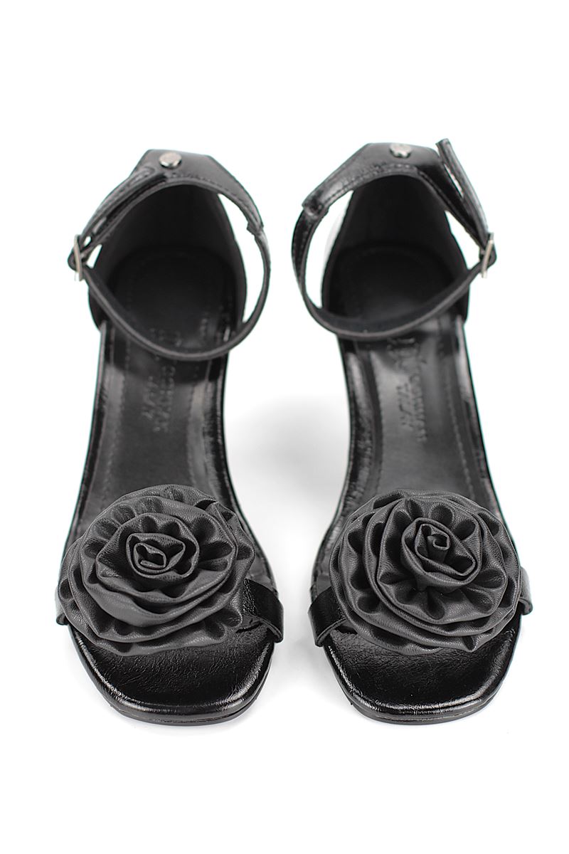 Solen Esnek Yumuşak Kaymaz Taban (4 cm) Siyah Rugan El Yapımı Gül Detaylı Kadın Topuklu Ayakkabı