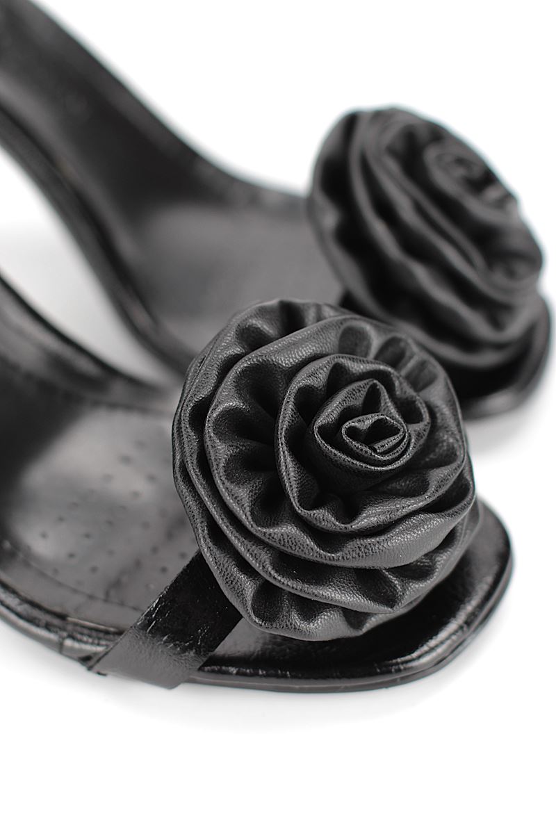 Veyra Esnek Yumuşak Kaymaz Taban (8 cm) Siyah Rugan El Yapımı Gül Detaylı Kadın Topuklu Ayakkabı