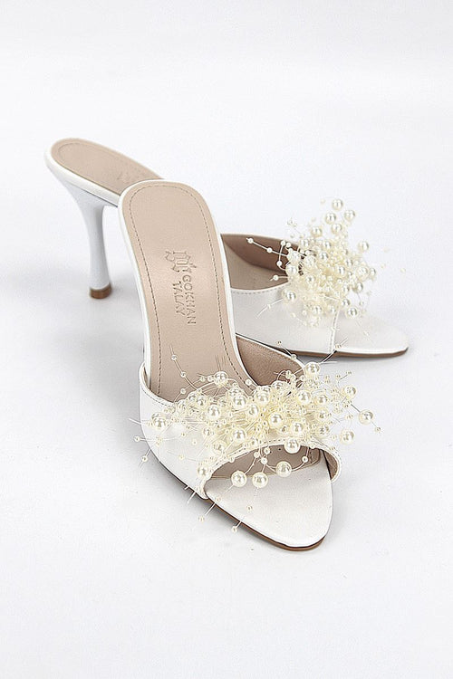 Almas Esnek Yumuşak Kaymaz Taban (8 cm) Beyaz Cilt El Yapımı Boncuk Detaylı Kadın Topuklu Terlik 