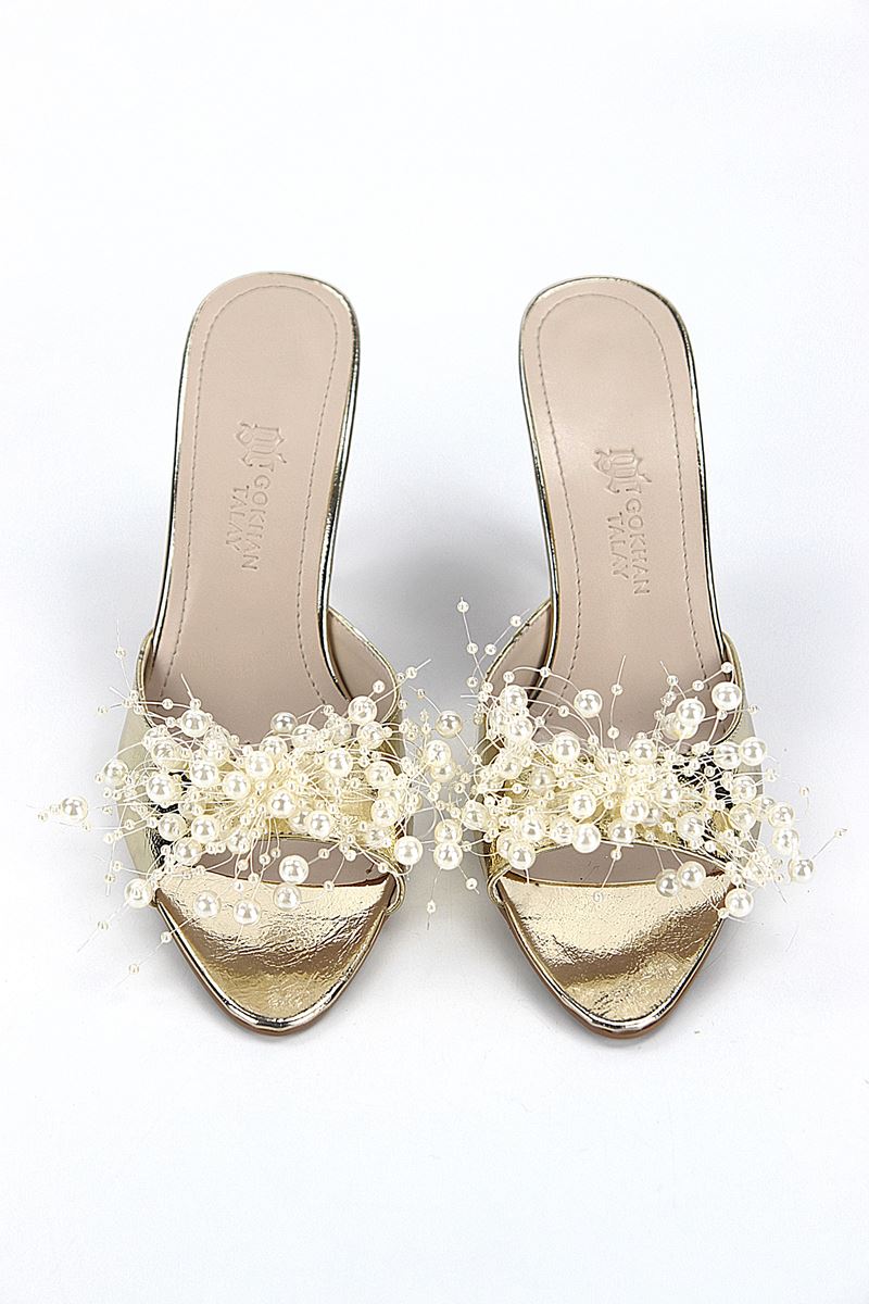 Almas Esnek Yumuşak Kaymaz Taban (8 cm) Dore Metalik El Yapımı Boncuk Detaylı Kadın Topuklu Terlik 