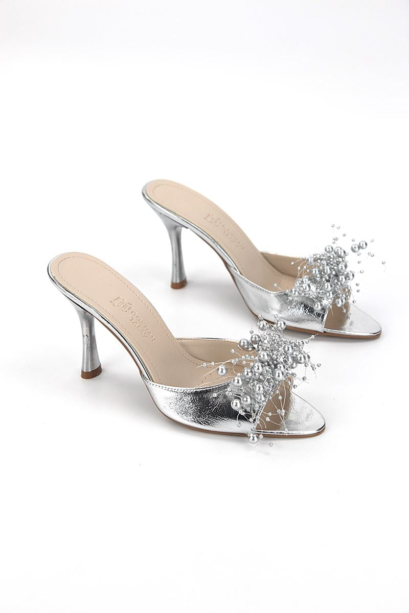 Almas Esnek Yumuşak Kaymaz Taban (8 cm) Lame Metalik El Yapımı Boncuk Detaylı Kadın Topuklu Terlik 