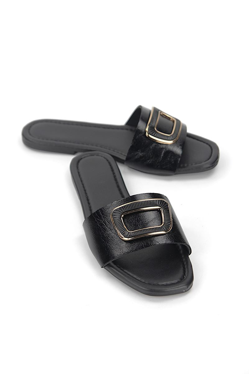 Alenya  Siyah Rugan Kemik Toka Detaylı Kadın Terlik