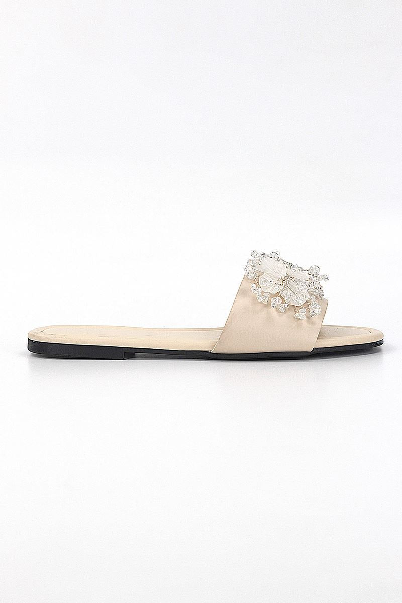 Florelle Bej Cilt El Yapımı  Şeffaf Yaprak Boncuk Detaylı Kadın Terlik