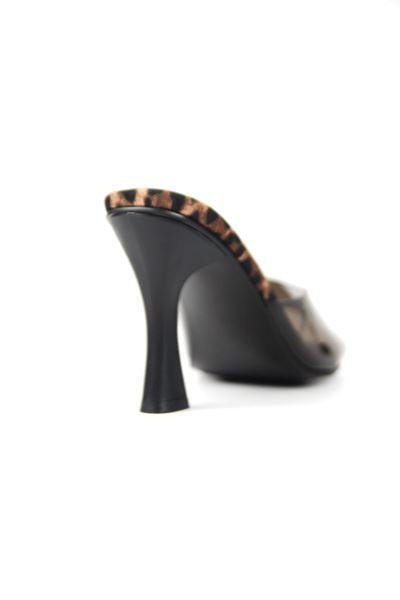 Hannah Kadın Leopar Desen Tabanlı Siyah Şeffaf Şeritli Orta Topuklu (8 CM) Topuklu Terlik