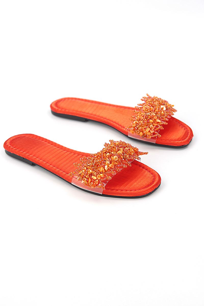 Coral Orange Parlak Saten El Yapımı Doğal Taş Kadın Terlik