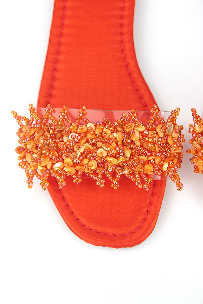 Coral Orange Parlak Saten El Yapımı Doğal Taş Kadın Terlik