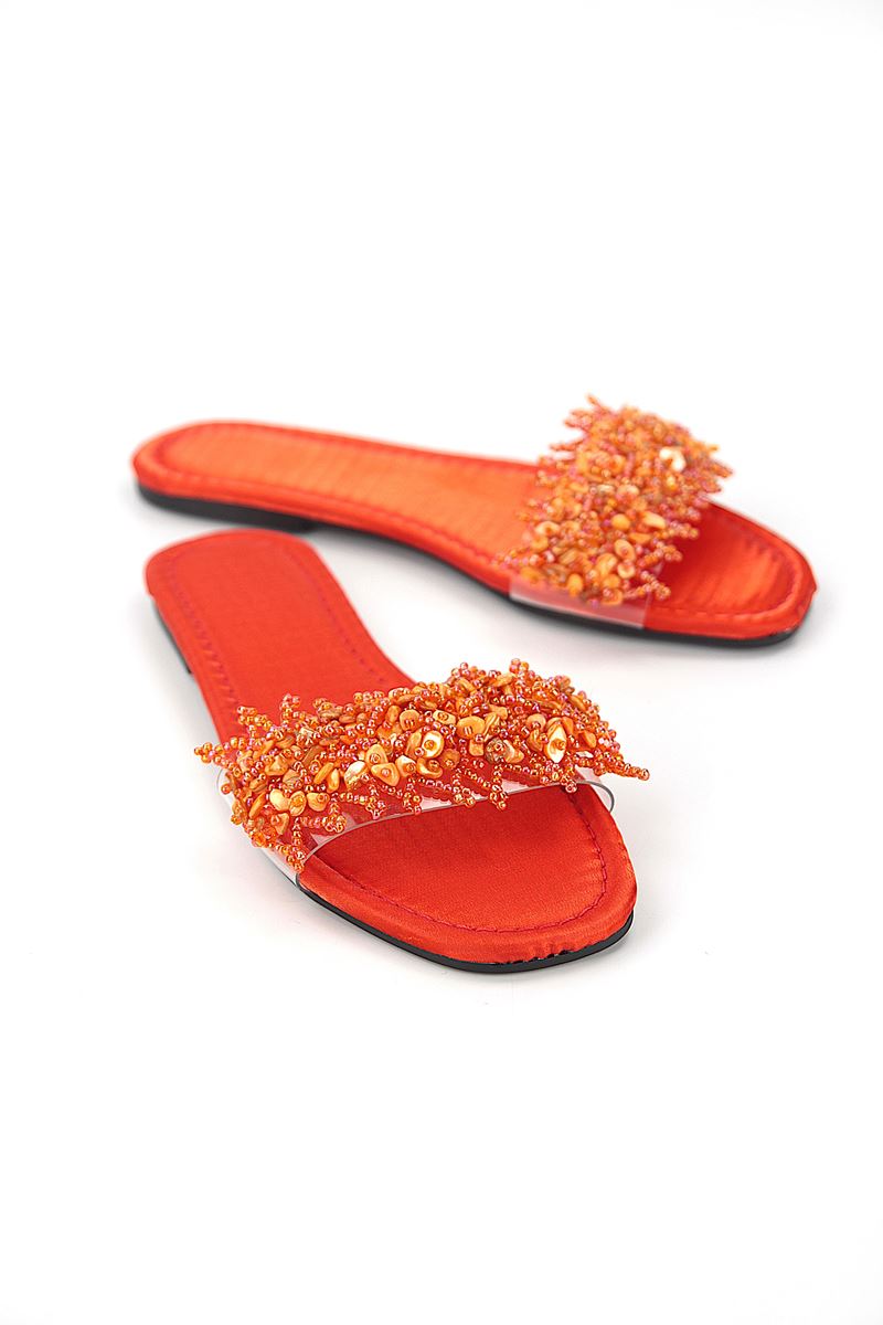 Coral Orange Parlak Saten El Yapımı Doğal Taş Kadın Terlik