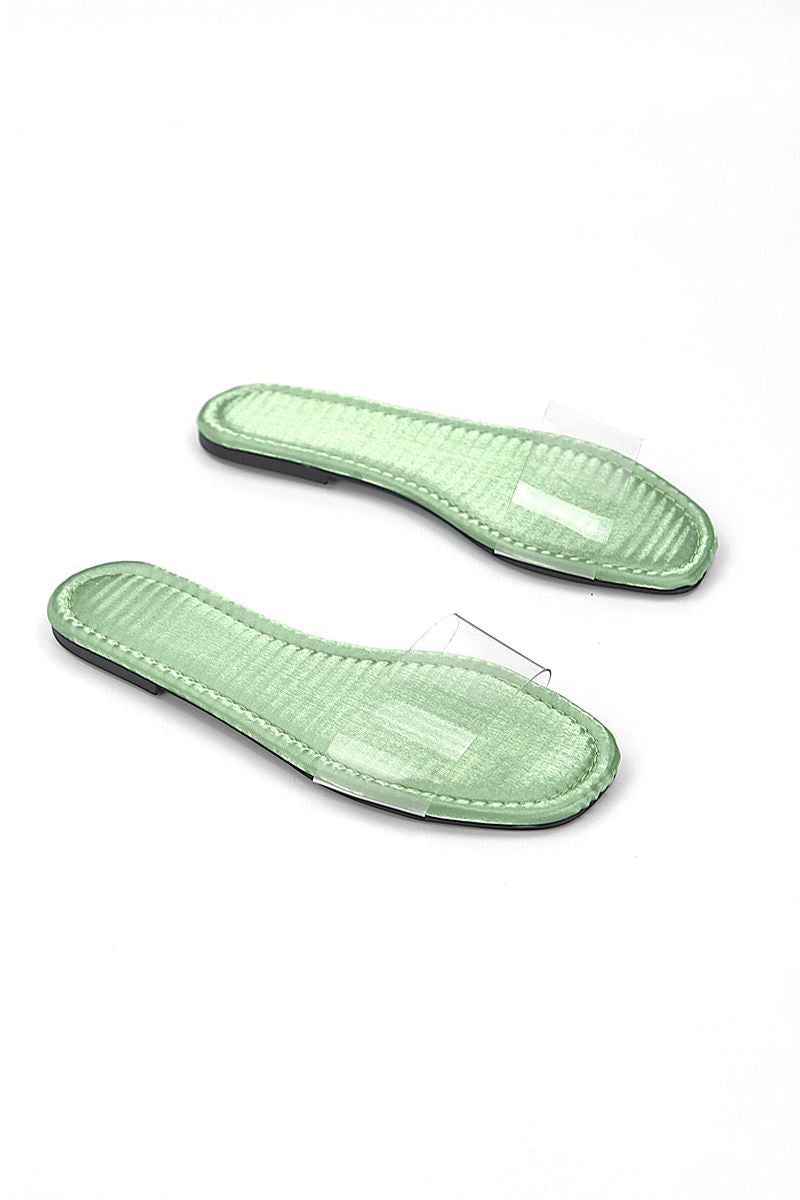 Gauzy Mint Parlak Saten Şeffaf Bant Kadın Terlik