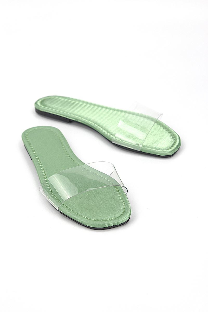 Gauzy Mint Parlak Saten Şeffaf Bant Kadın Terlik