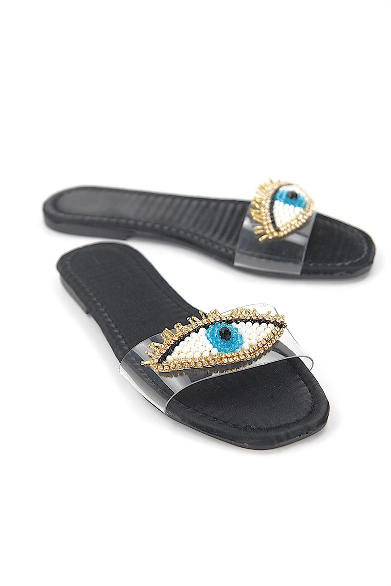 Eye Bead Siyah Parlak Saten El Yapımı Doğal Taş Kadın Terlik