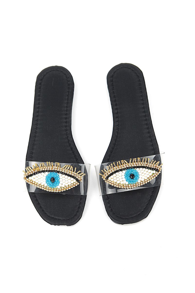 Eye Bead Siyah Parlak Saten El Yapımı Doğal Taş Kadın Terlik