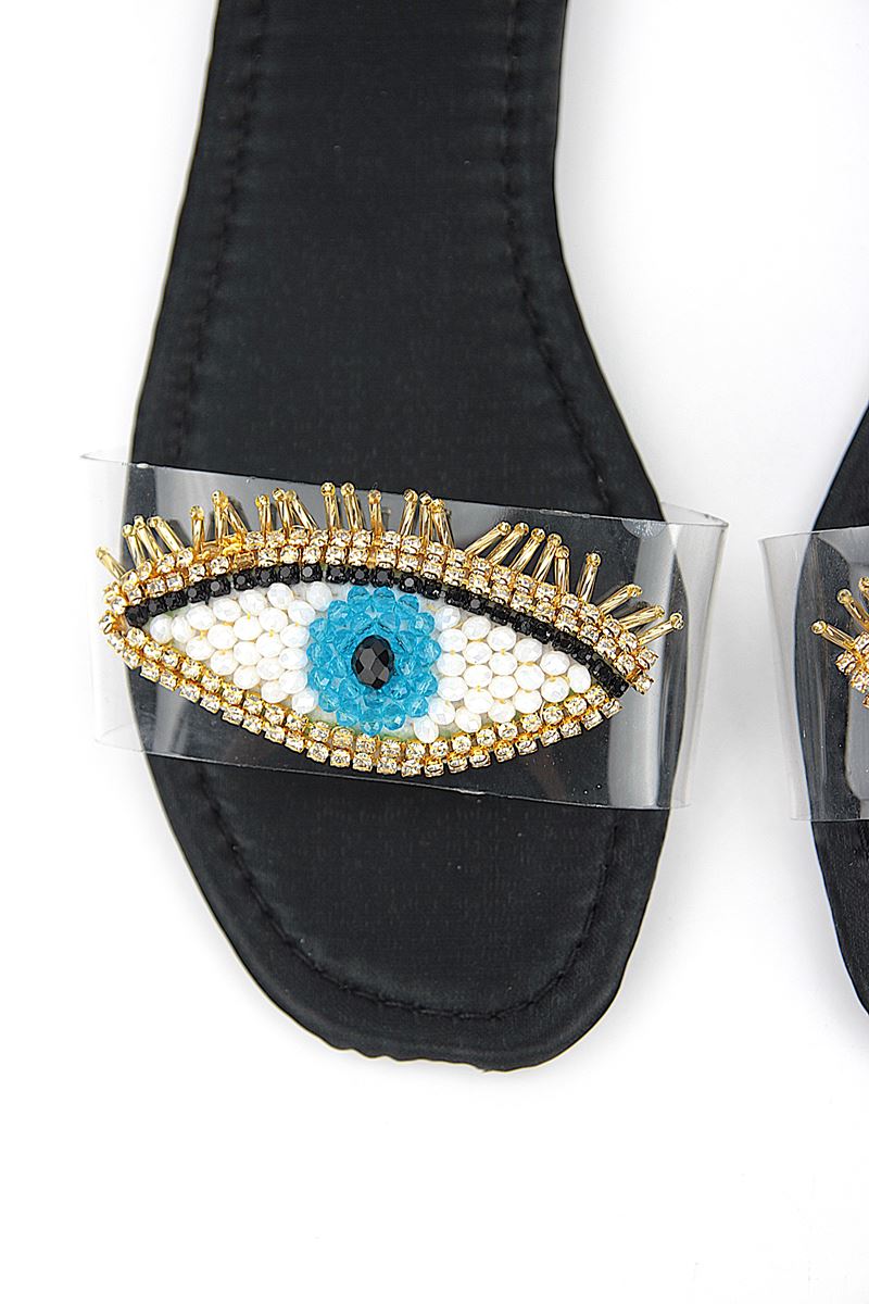 Eye Bead Siyah Parlak Saten El Yapımı Doğal Taş Kadın Terlik