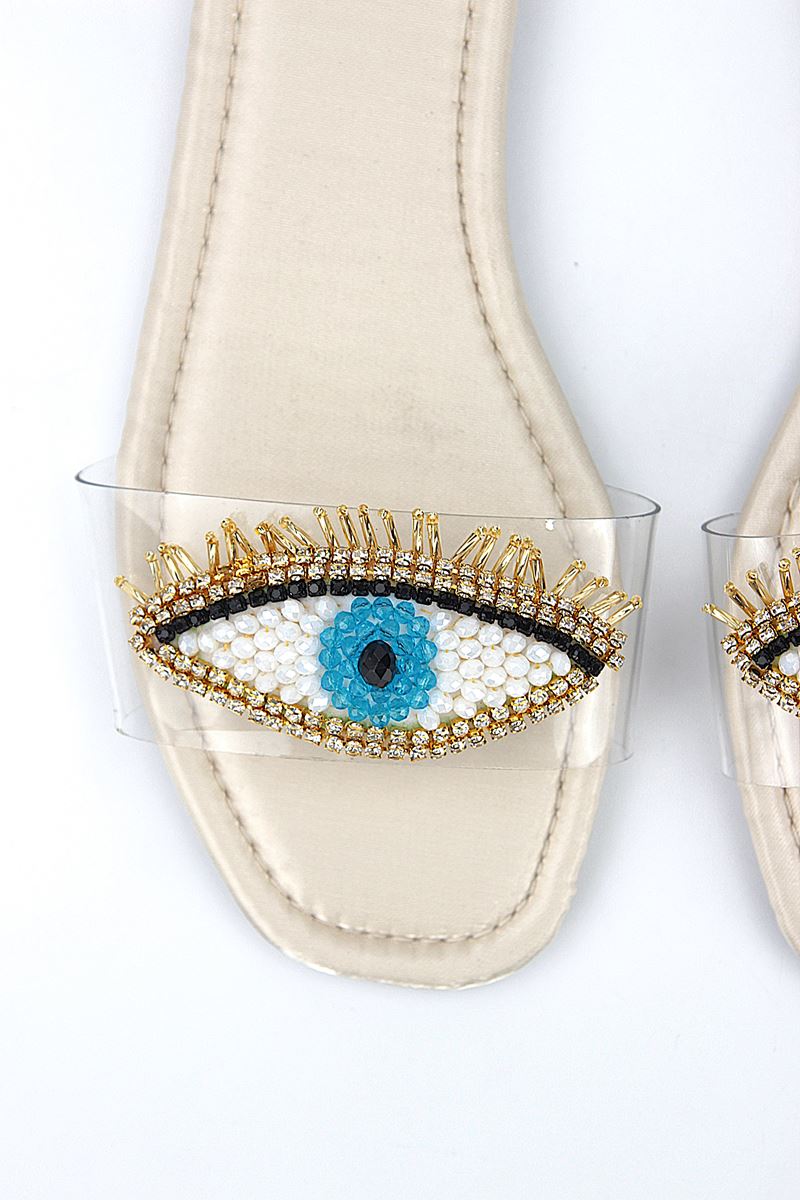 Eye Bead Bej Parlak Saten El Yapımı Doğal Taş Kadın Terlik