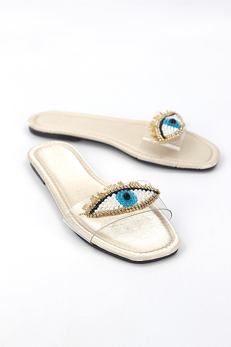 Eye Bead Bej Parlak Saten El Yapımı Doğal Taş Kadın Terlik