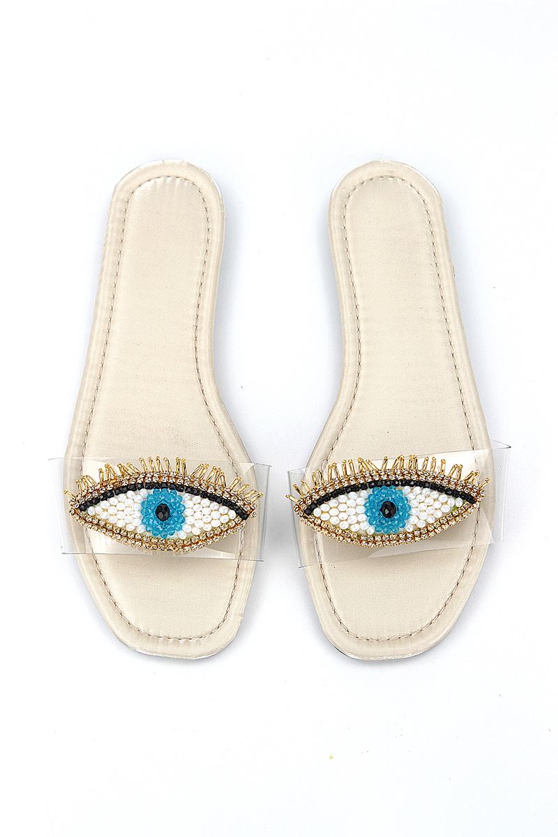Eye Bead Bej Parlak Saten El Yapımı Doğal Taş Kadın Terlik