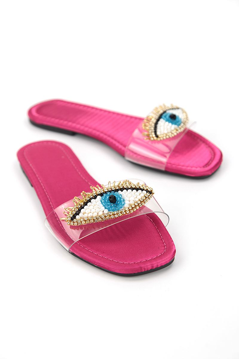 Eye Bead Fuşya Parlak Saten El Yapımı Doğal Taş Kadın Terlik