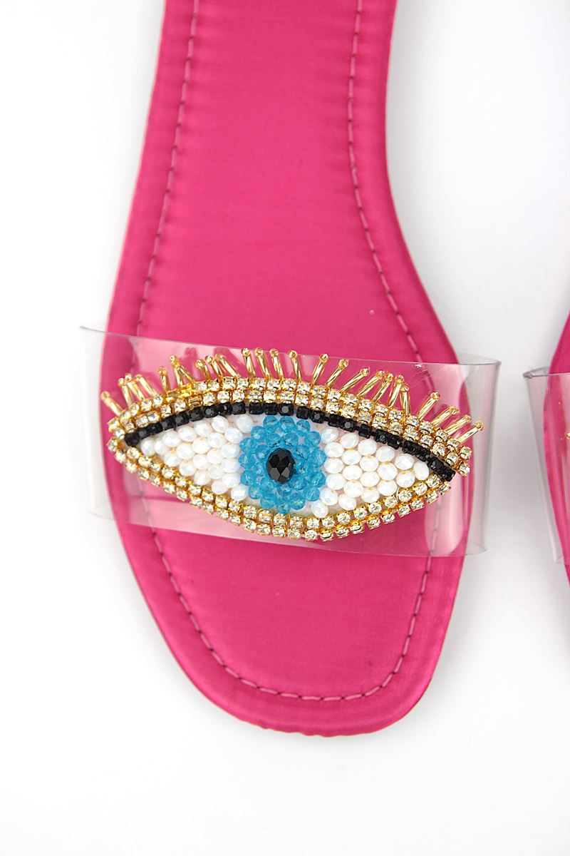 Eye Bead Fuşya Parlak Saten El Yapımı Doğal Taş Kadın Terlik