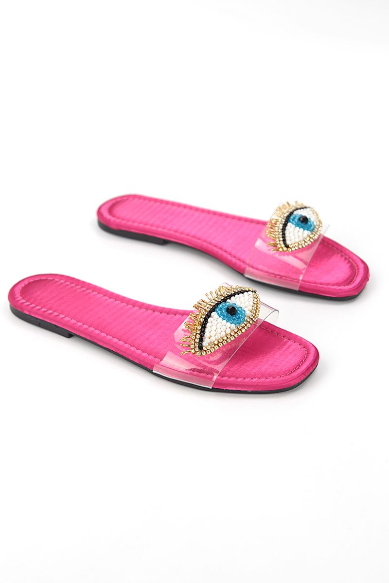Eye Bead Fuşya Parlak Saten El Yapımı Doğal Taş Kadın Terlik