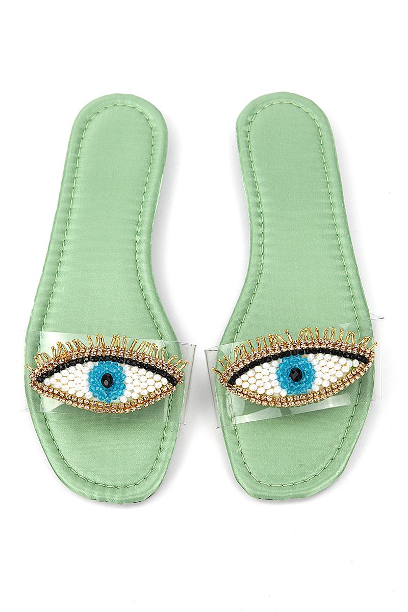 Eye Bead Mint Parlak Saten El Yapımı Doğal Taş Kadın Terlik