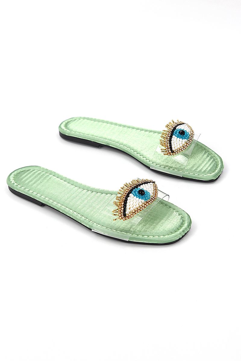 Eye Bead Mint Parlak Saten El Yapımı Doğal Taş Kadın Terlik