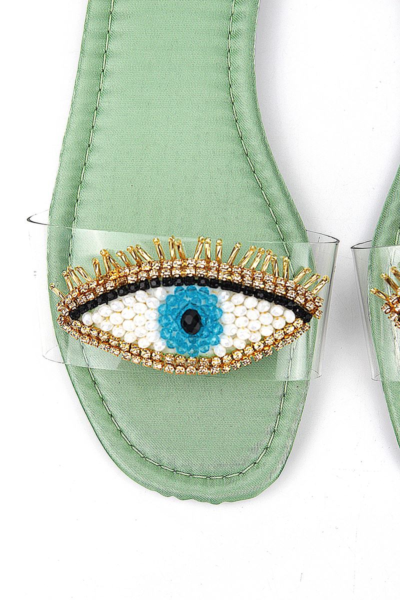 Eye Bead Mint Parlak Saten El Yapımı Doğal Taş Kadın Terlik