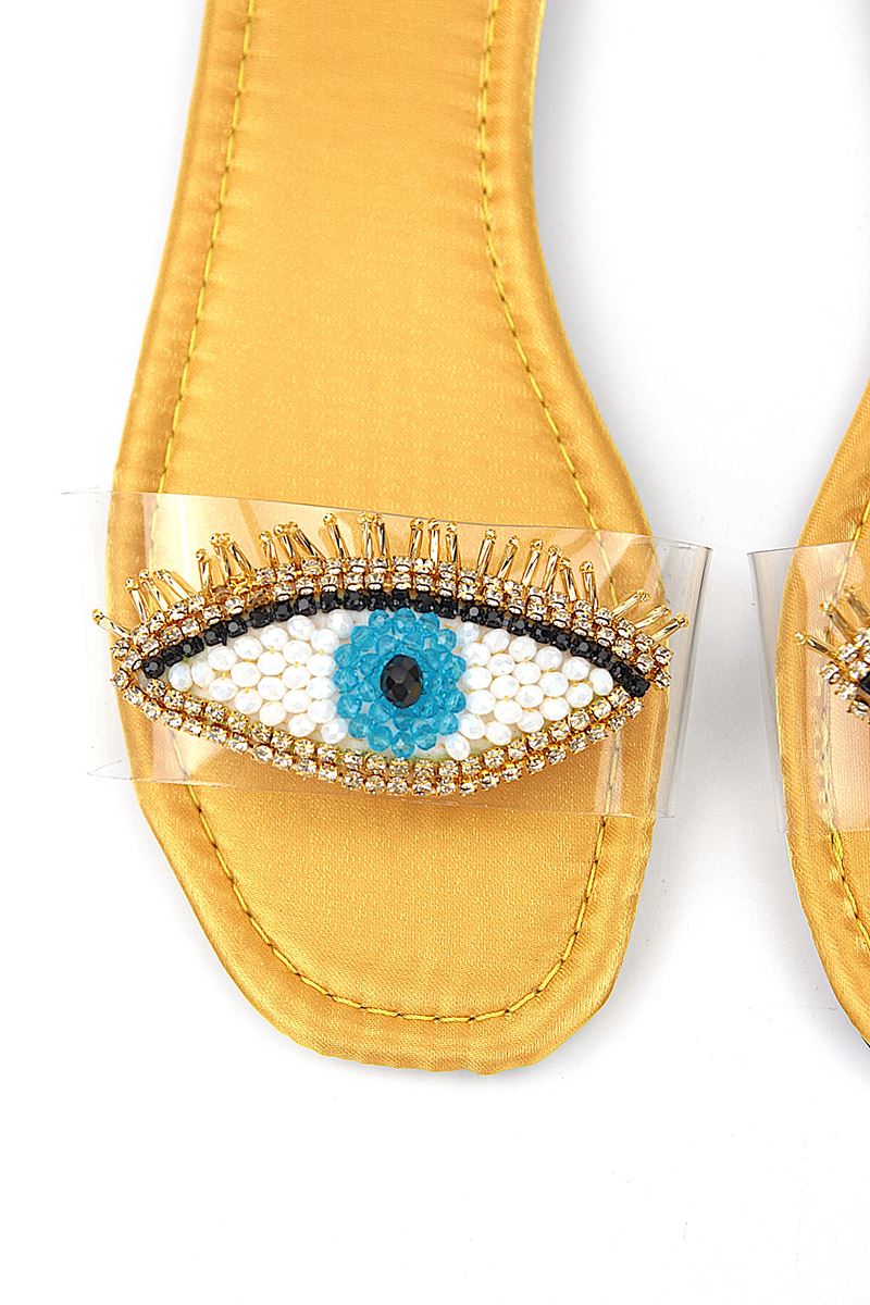 Eye Bead Sarı Parlak Saten El Yapımı Doğal Taş Kadın Terlik