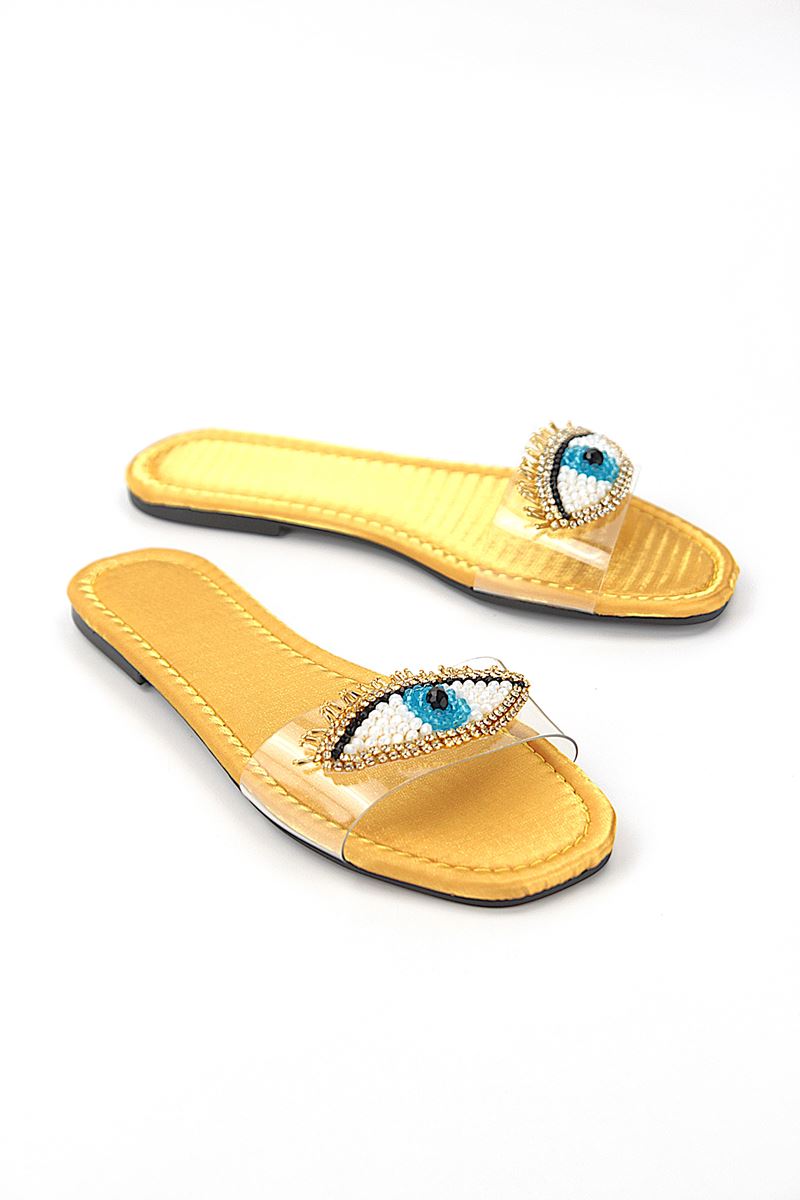 Eye Bead Sarı Parlak Saten El Yapımı Doğal Taş Kadın Terlik