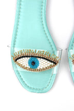 Eye Bead Turkuaz Parlak Saten El Yapımı Doğal Taş Kadın Terlik